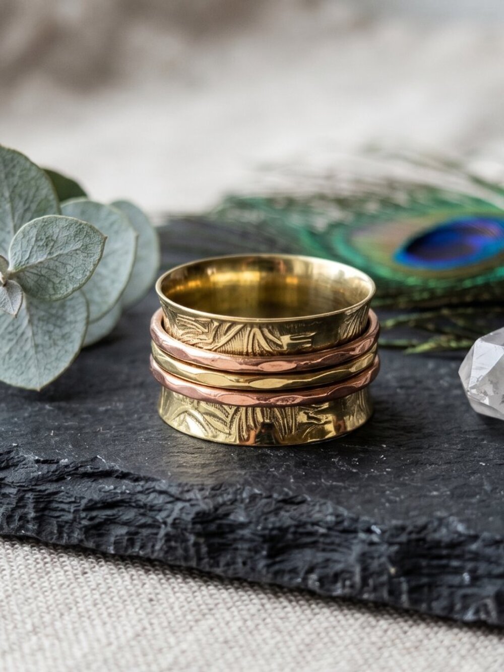 Artisan Spinner Ring 925 Sterling Silver Gold Plated Copper Wide Band Size 9